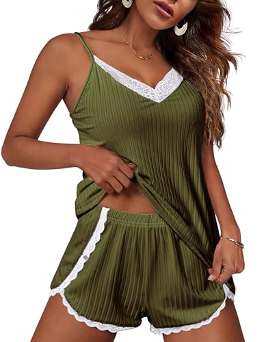 Image of Ekouaer Womens Pajama Sets Soft Lingerie Sleepwear 2 Piece Cami Shorts Set V Neck Pj Lace Nightwear
