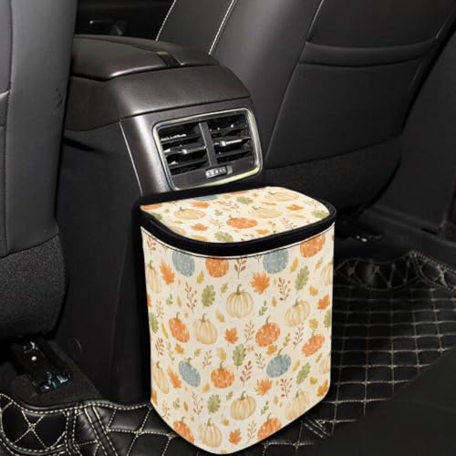 Image of Talayituse Fall Pumpkin Maple Leaf Print Car Trash Can with Lid, Leak Proof Auto Trash Bag Hanging Vehicle Garbage Can Multipurpose Storage Container for Back Seat Road Trip Autumn Decor