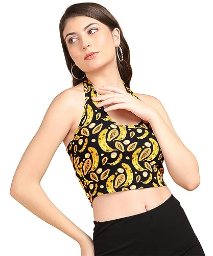 Image of POPWINGS Women Casual Black & Yellow Fruit Print Sleeveless Strap Crop Top | Women Tops | Women Regular Tops | Women Tops | Women Stylish Tops