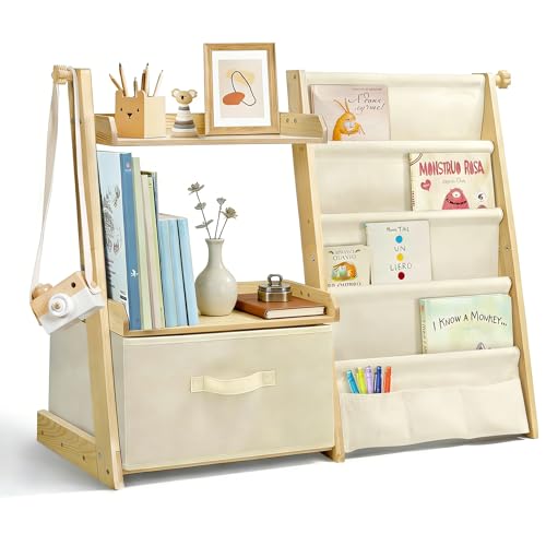 wooshwa Estanteria Libros Infantil, Libreria Estanteria Montessori Infantil, Estantería de Juguetes con 4 Estanterías, 2 estantes de exposición y 1 Caja de Almacenamiento - Beige