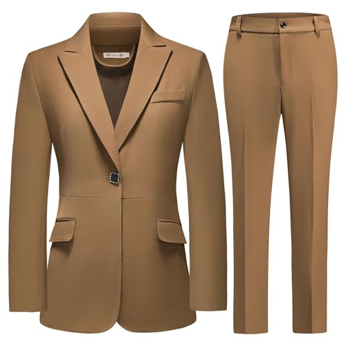 MODFUL 2 Piece Business Suit for Women Notch Lapel Blazer Set, Brown,L