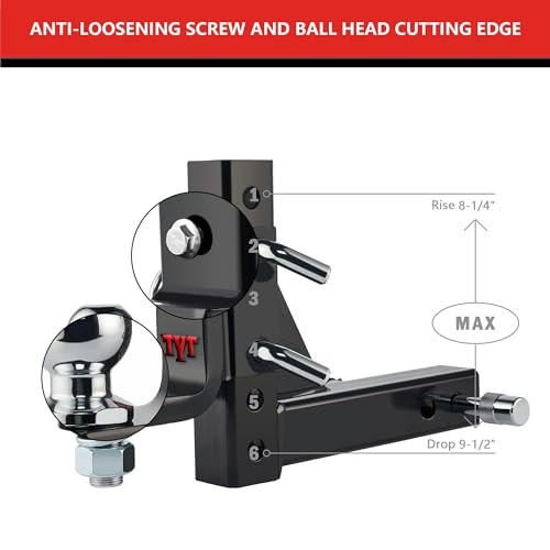 TYT Adjustable Trailer Hitch Ball Mount, 2\" Towing Ball 7500 LBS, 9-1/2\" Drop and 8-1/4\" Rise, Fits 2-in Receiver with 2 Pin&Clips and 5/8\" Premium Pin Lock for Heavy Duty Truck