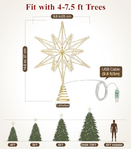 Luxspire Weihnachtsbaumspitze, beleuchtet Stern Baumspitze mit USB Plug-in&Fernbedienung, 9,8" LED Metall Dekorationen Licht… – Ansicht 5