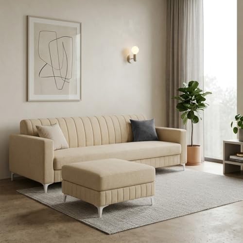 Image of Amelia Rich 5 Seater L Shape Sofa Set with Movable Ottoman | Flexible Layout | Spacious Soft Touch Seating | Modern Sofa for Living Room (Cream)