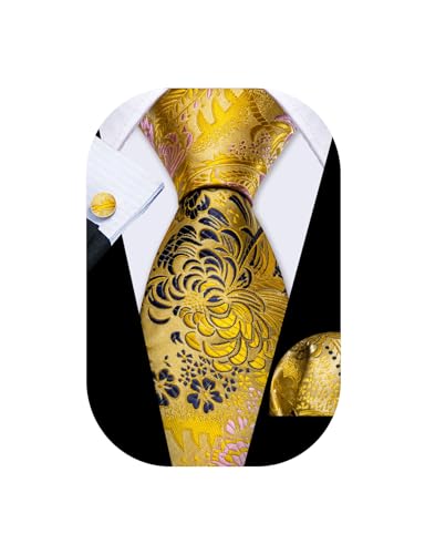 Barry.Wang Yellow Flower Ties for Men Silk Woven Floral Tie Sets Necktie Handkerchief Cufflinks Wedding Party