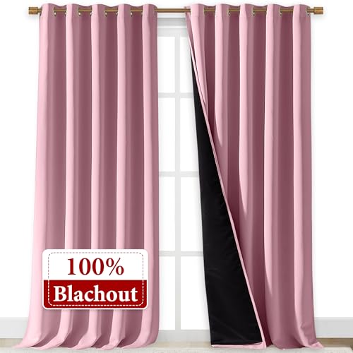 Image of NICETOWN 100% Blackout Blinds, Laundry Room Decor Window Treatment Curtains for Large Patio Sliding Door, Thermal Insulated Crystal Pink Curtains for Bedroom, Set of 2, 70 inches x 108 inches