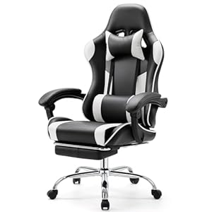 DUMOS Ergonomic Gaming Desk Chair – PU Leather Recliner with Footrest, Lumbar Support, Headrest, Fixed Armrests, Height Adjustable, 360° Swivel, White, for Adults
