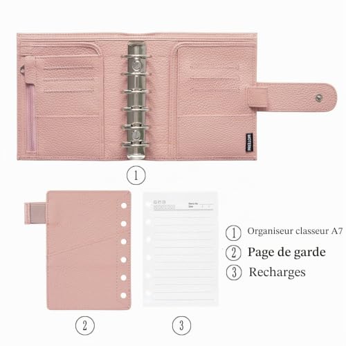 Moterm Pocket Luxe Organiseur à anneaux, en cuir véritable, rose poudré, anneau de 30 mm – vue 2