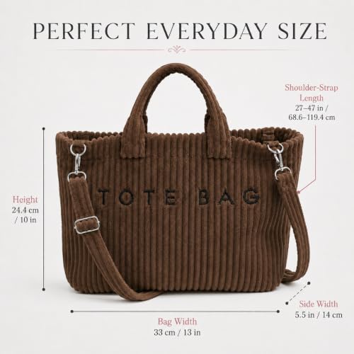 Image of Kawn Korean Tote Bag Aesthetic Corduroy Canvas Handbag for Women Zipper Casual Large Capacity Shoulder Bag with Pockets Versatile Everyday use for College Work Travel & Shopping