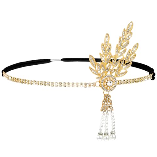 Yolev Schwarz Gold Kopfschmuck 20er Jahre Damen 1920er Gatsby Accessoires Damen mit Blatt Strass Perlen für Bräute Hochzeitsfeiern und Andere Anlässe