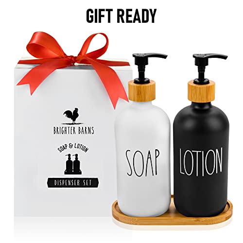 Soap and Lotion Dispenser Set with Tray by Brighter Barns - Hand Soap Dispenser Bathroom Set - Glass Bathroom Soap Dispenser Set Pump -Farmhouse Bathroom Decor, Boho Bathroom Accessories (Black/White)