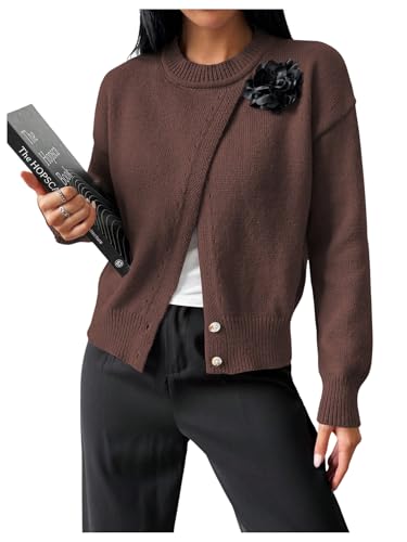 Image of MakeMeChic Women's Wrap Cardigan Sweater Flower Button Down Pullovers Tops Coffee Brown Small