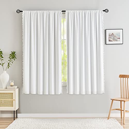 Image of Treatmentex White Blackout Curtains for Bedroom Pom-Pom Thermal Insulated Full Blackout Window Drapes 63inch Length Curtain Panels for Kids Guest Room Hotel 52 inch Wx 2pcs