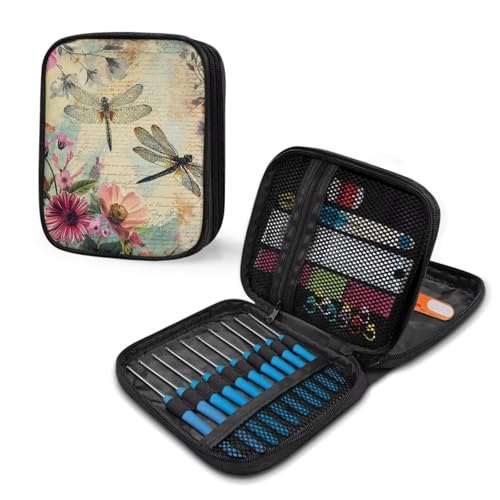 Image of Crochet Hook Case Dragonfly Crochet Hook Holder Portable Crochet Hook Storage Bag with Web Pockets Suitable for Crochet Needles /Knitting Accessories