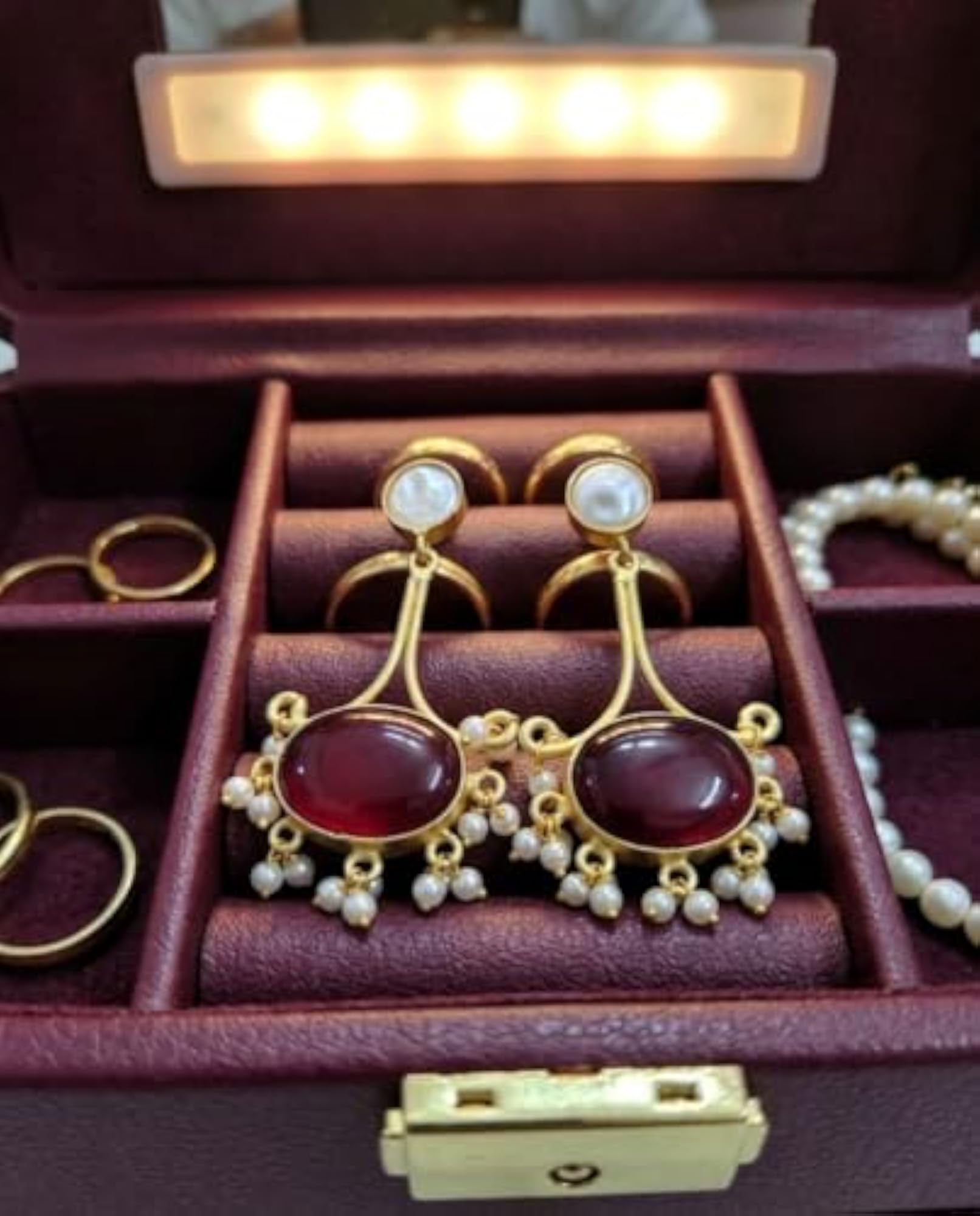 Gold Plated Maroon Stone Drop Earrings, Elegant Jhumka