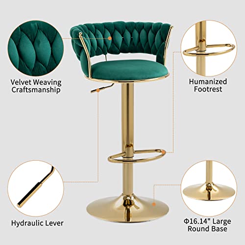 Kivenjaja Velvet Woven Bar Stools Set Of 2, Modern Height Adjustable Swivel Barstools Counter Chairs With Back & Golden Metal Base For Pub, Kitchen, Cafe (Emerald Green) #TOP3