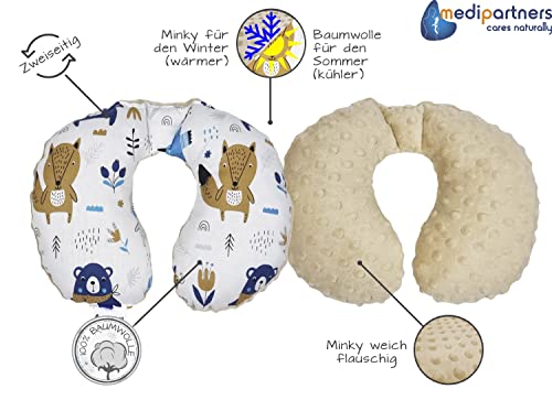 Medi Partners Nackenkissen Kinder Nackenhörnchen Auto Flugzeug Baby - 100% Baumwolle/Minky Nackenstütze Kopfstütze Kindersitz Autositz Nackenrolle Kissen (Boho Animals mit beigem Minky)