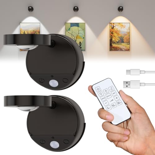 LUXHEIM 2 Pack Picture Lights for Wall Rechargeable, Wireless Picture Lights Battery Operated with Remote and Timer, Dimmable & 3 Color Temps, CRI≥95 for Dartboard Picture Frame Gallery (Black