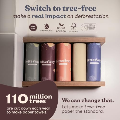 Image of Betterway Bamboo Paper Towels 12 Pack - Unbleached, Non Toxic, PFAS Free - 140 Sheets /Roll, 2-Ply, No Plastic, No Dyes, Eco Friendly, Compostable, Sustainable, FSC Certified, Natural Brown