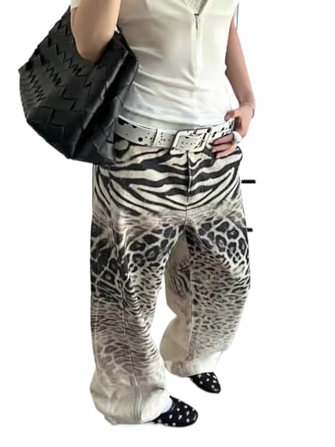 Y2k Vintage Leopard Gradient Print Wide Leg Jeans Unisex Hiphop Streetwear Grunge Distressed Baggy Casual Denim Pants
