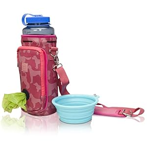 Made Easy Kit Water Bottle Carrier with Pocket for Dog Poop Waste Bags and Adjustable Padded Shoulder Strap (Tall & Large (40oz) with Bowl, Pink, Dog Silhouettes)
