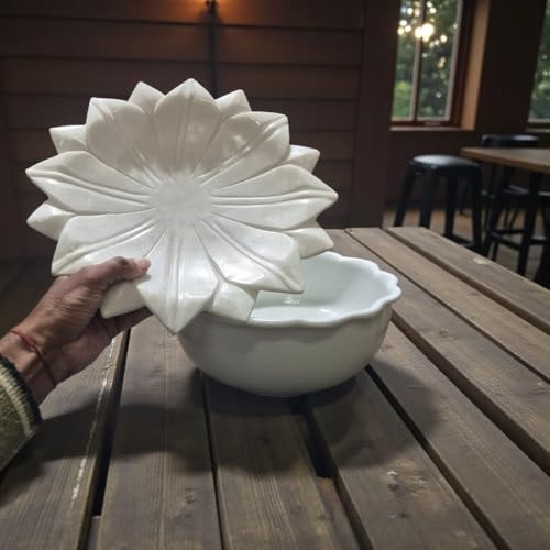 Image of Art Marble Bowl Pot, Lotus Bowl, Lotus Pot Decorative Showpiece - 9 inch Length and 2 inch Depth (Marble, White)