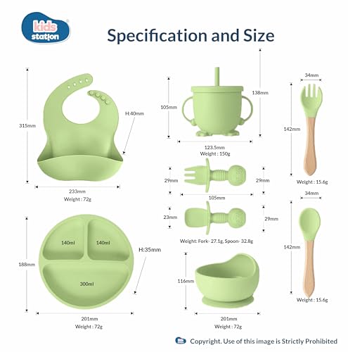 Image of Kids Station 8-Piece Silicone Baby Feeding Set | Suction Bowl, Plate, Bib, Cup, Spoon & Fork | 100% Food Grade BPA-Free Silicone | Non-Slip, Easy to Clean (Pack of 8, Green)