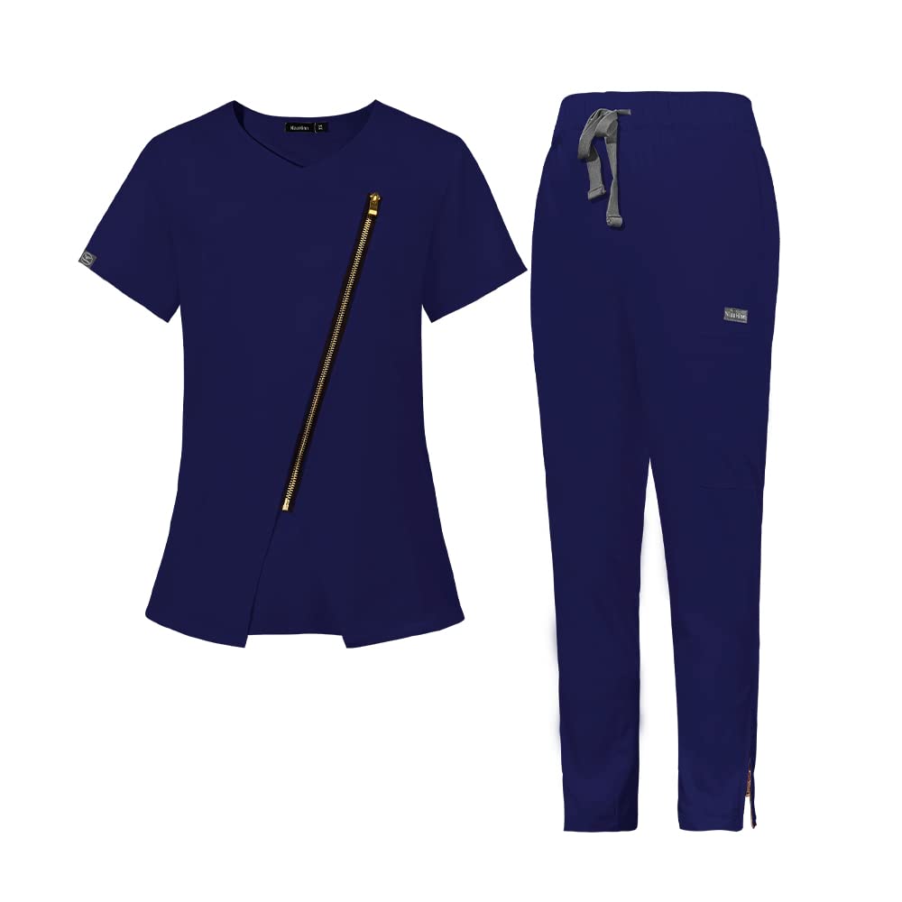 niaahinn Scrub for Women Medical Scrub Sets Nursing Uniform Top & Jogger Pants Dental Scurb Suit (Navy Blue,L,Large)