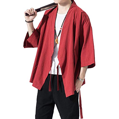 Image of PRIJOUHE Men's Kimono Jackets Cardigan Lightweight Casual Cotton Blends Linen Seven Sleeves Open Front Coat Outwear