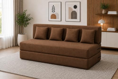 Image of Four Seater Sofa Cum Bed 6x6 Ft with Soft Foam Cushioning, Comfortable Foldable Sofa Bed for Living Room, Bedroom, Guest Room & Office(Brown)