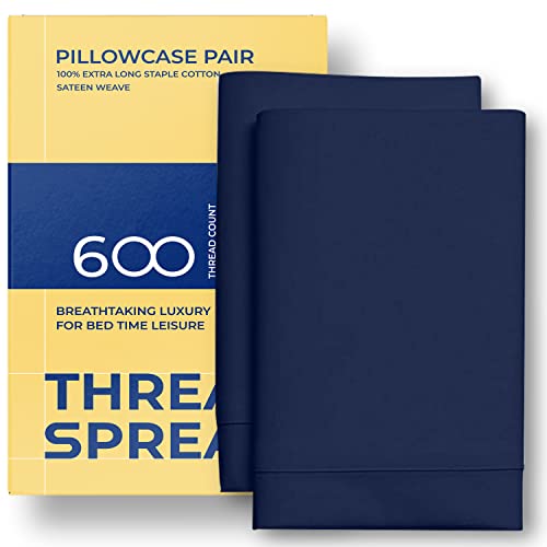 600 Thread Count 100% Egyptian Cotton Pillow Cases, Navy Blue Queen Pillowcase Set Of 2, Long-Staple Combed Pure Natural 100% Cotton Pillows For Sleeping, Soft & Silky Sateen Weave Bed Pillow Cover #TOP7