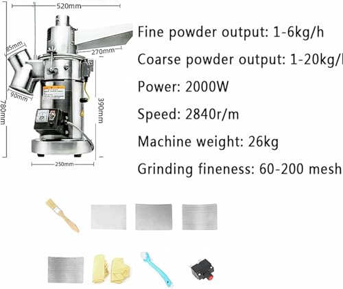 BTOIASYHF Molinillo De Granos De Acero Inoxidable De 2000 W, Triturador De Alimentos Eléctrico Comercial De 2840 RPM con Accesorios De Pantalla, Grosor De Malla Ajustable De 60 a 200, para Granos - imagen 3