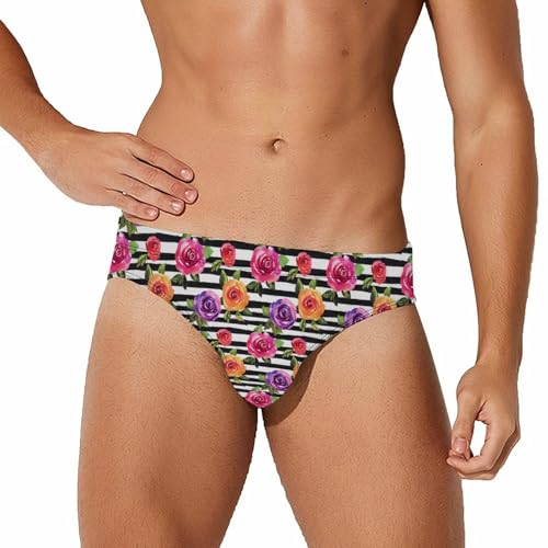 Cute Spring Floral and Stripes Watercolor Mens Swim Briefs Quick Dry Triangle Trunks Swimsuit Swimming Bikini Swimwear