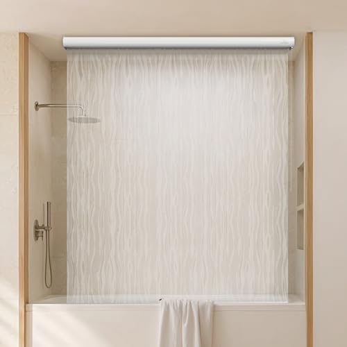 Jakooz Ceiling Mounted Rollup Bathroom Shower Curtain/Liner 56" Base – Up to 95" Long - Use for 9' Ceilings – Waterproof PEVA – Plastic Shower Curtains for Bathroom – No Rod, Hooks or Rings (Wave)