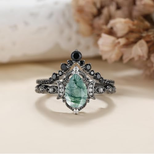 Black Gold Plated Natural Moss Agate Bridal Wedding Ring Sets for Women, 925 Sterling Silver Gothic Vintage Promise Rings and Eternity Black Spinel Band for Her - Boho Art Deco Platinum Plated Engagement Rings Size 4-92