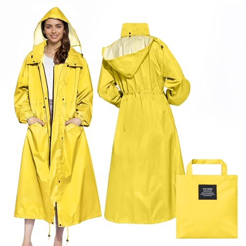 LAMA Stilvolle Lange Regenjacke Regenmantel Unisex Regenponcho mit wasserdichte Pattentasche Kapuze Tunnelzug Erwachsene Regenbekleidung Regencape Raincoat Regenschutzbekleidung Damen, Gelb L