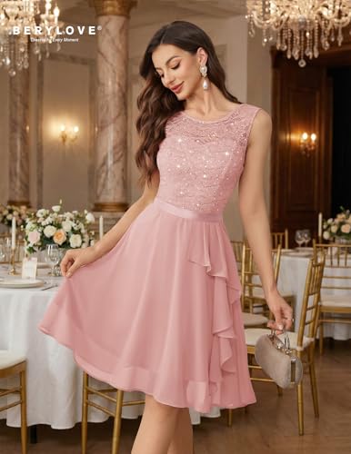 Image of BeryLove Womens Boat Neck A Line Sleeveless Lace Formal Homecoming Dress | Short Dress With Ruffle Hem, Sparkly Design Ideal For Wedding Guest,Bridesmaid Cocktail Prom & Evening Party Events
