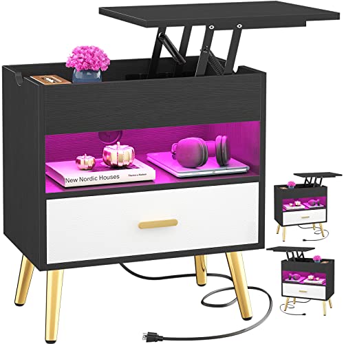 Cyclysio 35 Inches Nightstand With Reversible Lift Top, Large Night Stand With Led Lights, Tall Bedside Table With Charging Station, High End Side Table For Bedroom, Sofa Side, Living Room, Black #TOP25