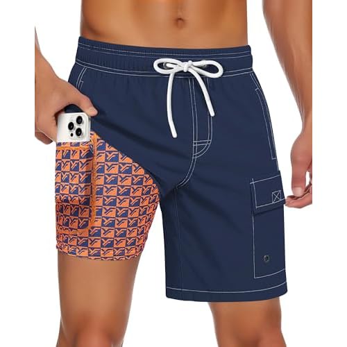 Men Swim Trunks with Compression Liner Quick Dry Breathable Multi Pockets for Summer Beach Cruise Water Park Small Camel Khaki