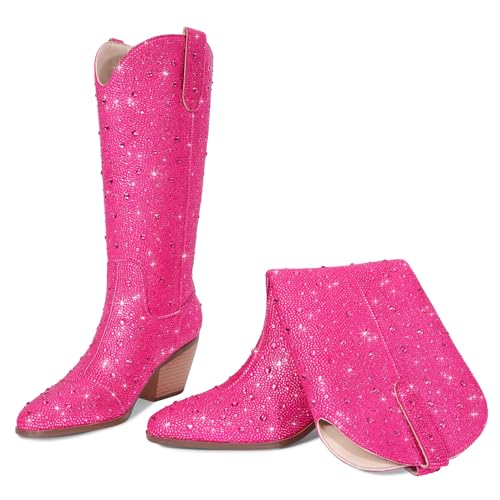 Image of Cowgirl Ankle Boots Cowboy Boots for Women Western Booties Rhinestone Chunky Heel Fashion Comfortable Side Zipper
