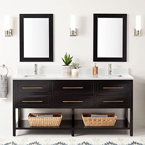 Signature Hardware 459094 Robertson 72" Free Standing Double Vanity Set with Wood Cabinet, Vanity Top, and Rectangular Undermount Sink - Single Faucet Hole - Black/Feathered White Quartz