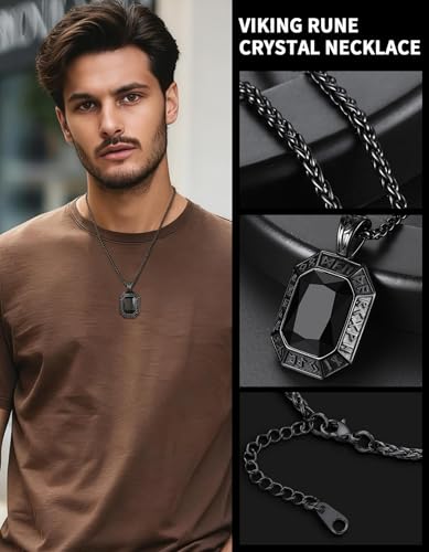 Image of ChainsHouse Viking Rune Pendant Necklace for Men Women, Punk Biker Black Metal /316L Stainless Steel Onyx Norse Vintage Amulet Necklaces with Black /Red /Green /Blue Gemstone, Send Gift Box