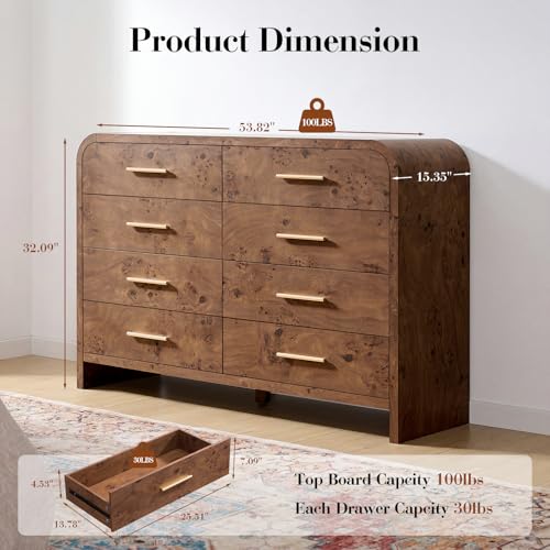 Image of Curved Drawer Dresser for Bedroom with 8 Drawers, 54'' Wide Chest of Drawer