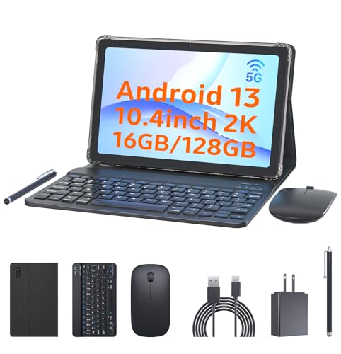 Image of 10.4 inch Tablet Android 13 Tablet with Keyboard Case Mouse Stylus 2 in 1 Tablets Set 16GB+128GB 1TB Expandable Tableta PC 10.4 inch 2K HD Large Screen 7580mAh Battery 5G-Wifi WiFi6 Bluetooth GPS Tableta