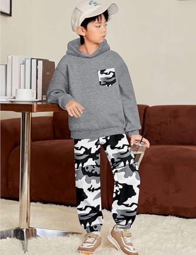 KANGKANG Boys Clothes Two Piece Long Sleeve Hooded Sweatshirt Top Camouflage Sweatpants Fall Outfits Winter Clothes Set 6-16Y4