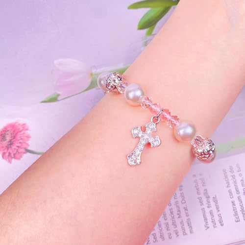 Image of Easter Gifts Baptism First Holy Communion Confirmation Christian Gifts, Cross Charm Bracelet, White