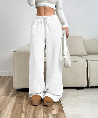 Image of Women's Trendy Korean Trouser with Pockets, Casual Corduroy Stretchable Baggy Loose || High Rise Elastic Waist Going Out Lounge Pants || Wide Leg Pants for Woman