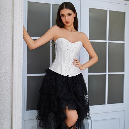TRIWORKS Gorset Top damski Corsage Gorset sznurowany Bustier Gorset pod biustem satynowy Lace Up ściągacz talii na Halloween i gotyk S-XXL, biały, M