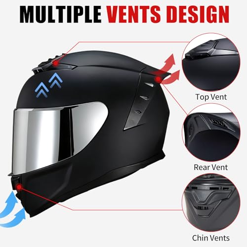 Image of Full Face Motorcycle Helmet,Helmets for Adults Motorcycle, MG611 Motorbike Racing Street Bike Helmets with Black Visor for Men Women,DOT Approved (Matte Black-Sliver+ Mask, S)