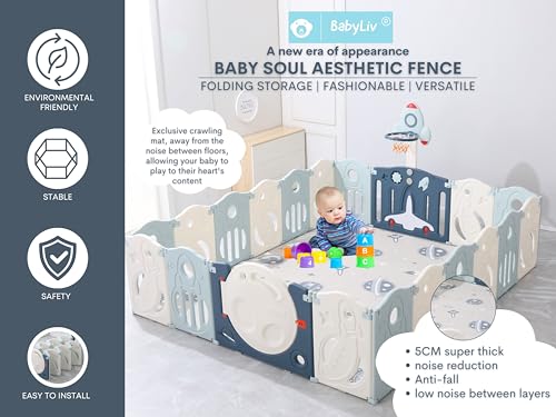 Image of 43 Sq Ft Space-Themed Baby Playpen with Soft Mat & Basketball | 18-Panel Extra Large Toddler Play Yard | Indoor /Outdoor Activity Center with Ball Pit | ISO 9001:2015 & CE | Blue-White